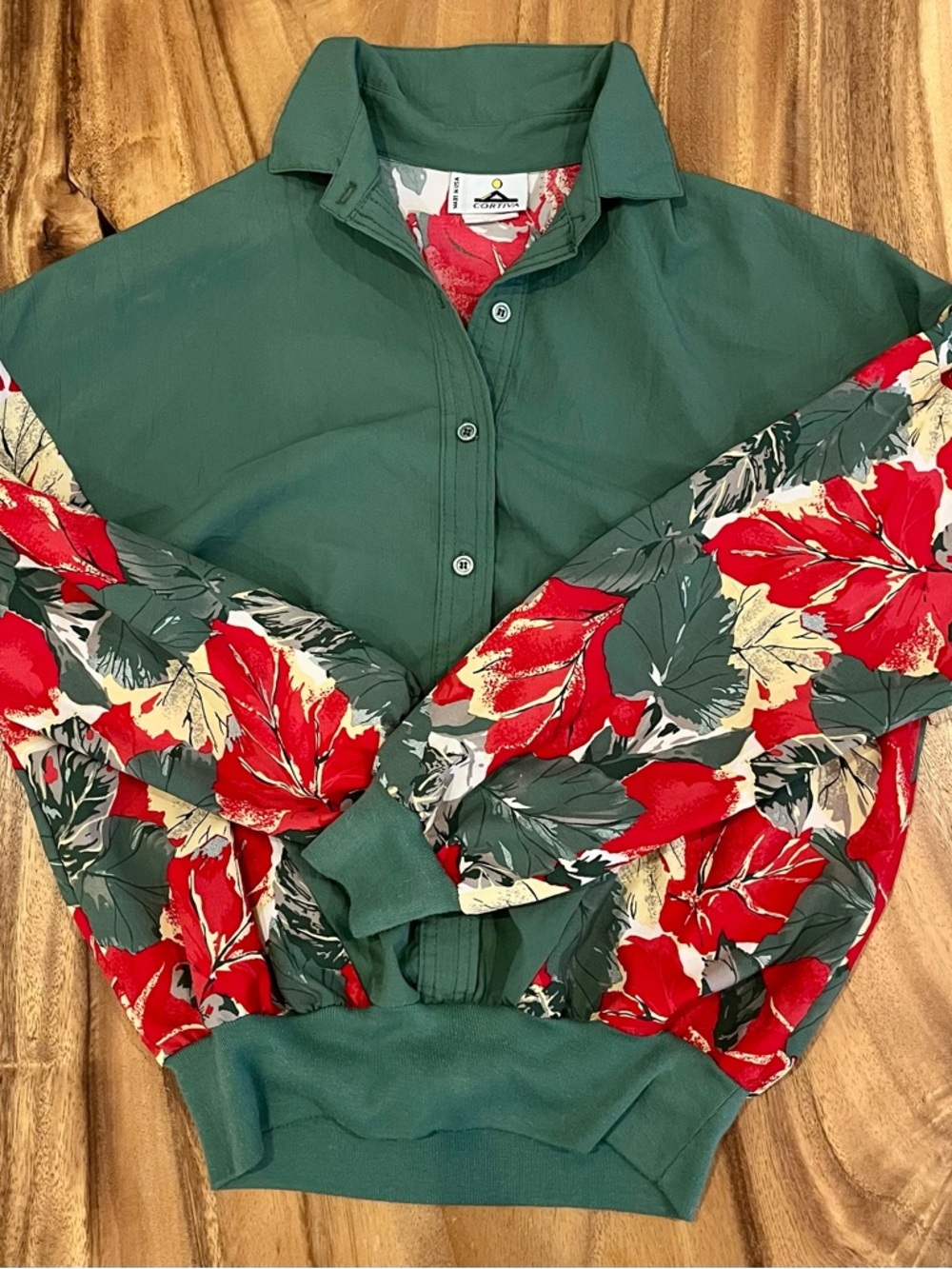 Women's Green Button Down Top with Red Floral Sleeves